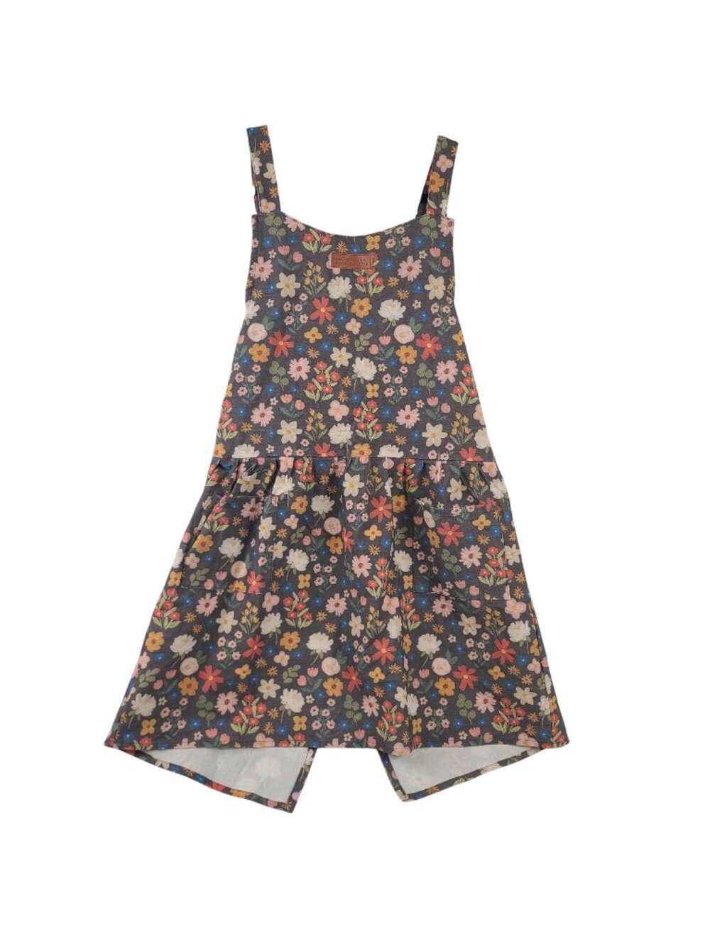 NEW Floral Scripture Apron With Pockets & Faux Leather Patch Cotton Linen Blend